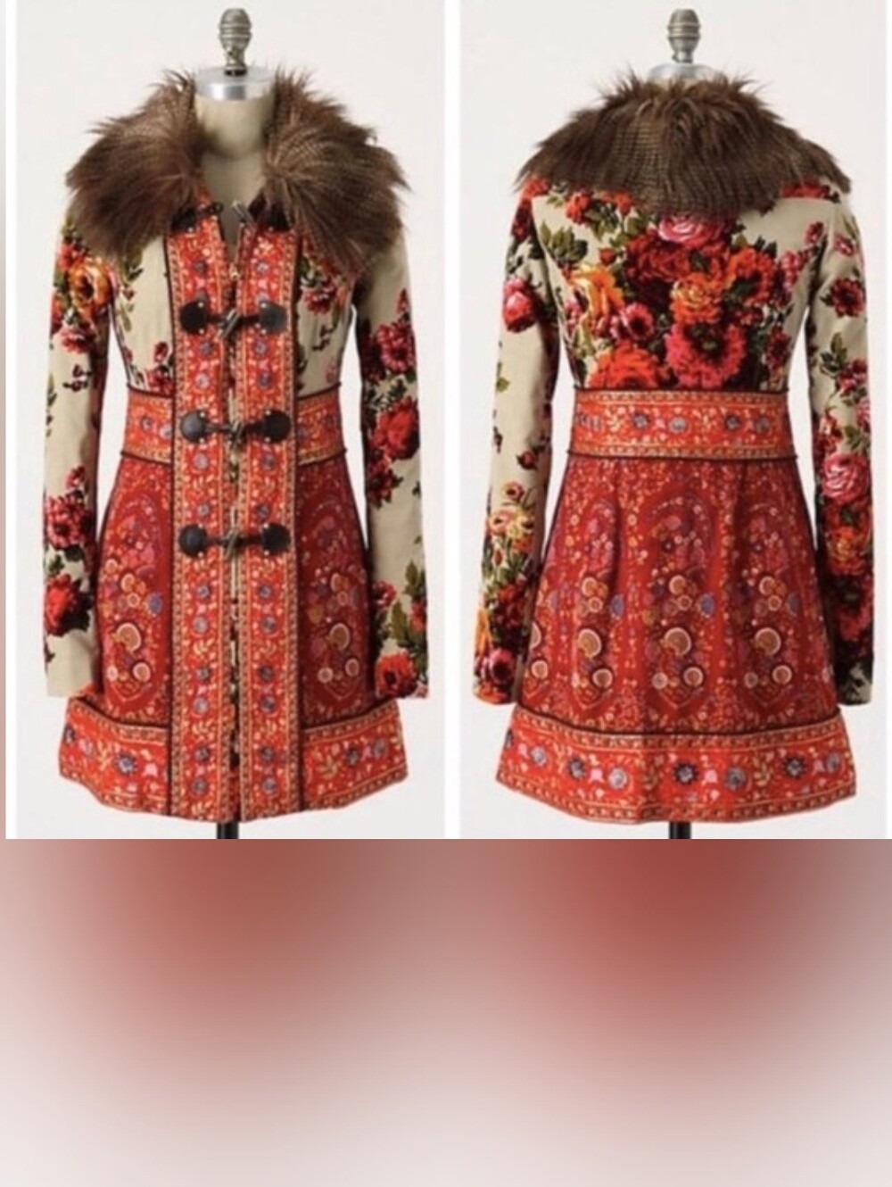 Karelia Anthropologie Elevenses RARE Coat Faux Fur Toggle Duffle Red Boho 4